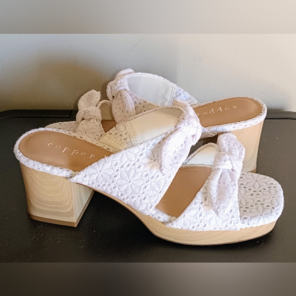Copper Key White Lace Knot Mules with Wood Block Heel